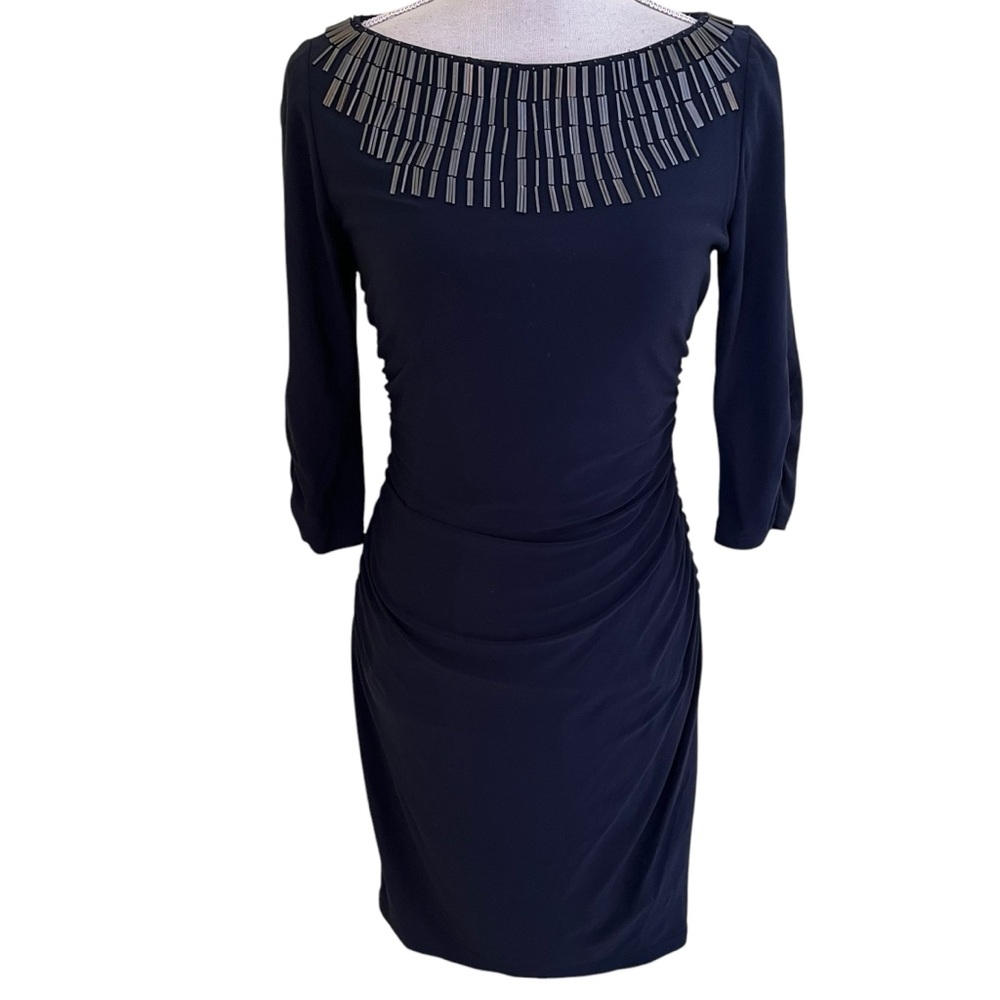 Adrianna Papell Navy Blue Jersey Knit Sheath Dress with Bugle Bead Trim 4